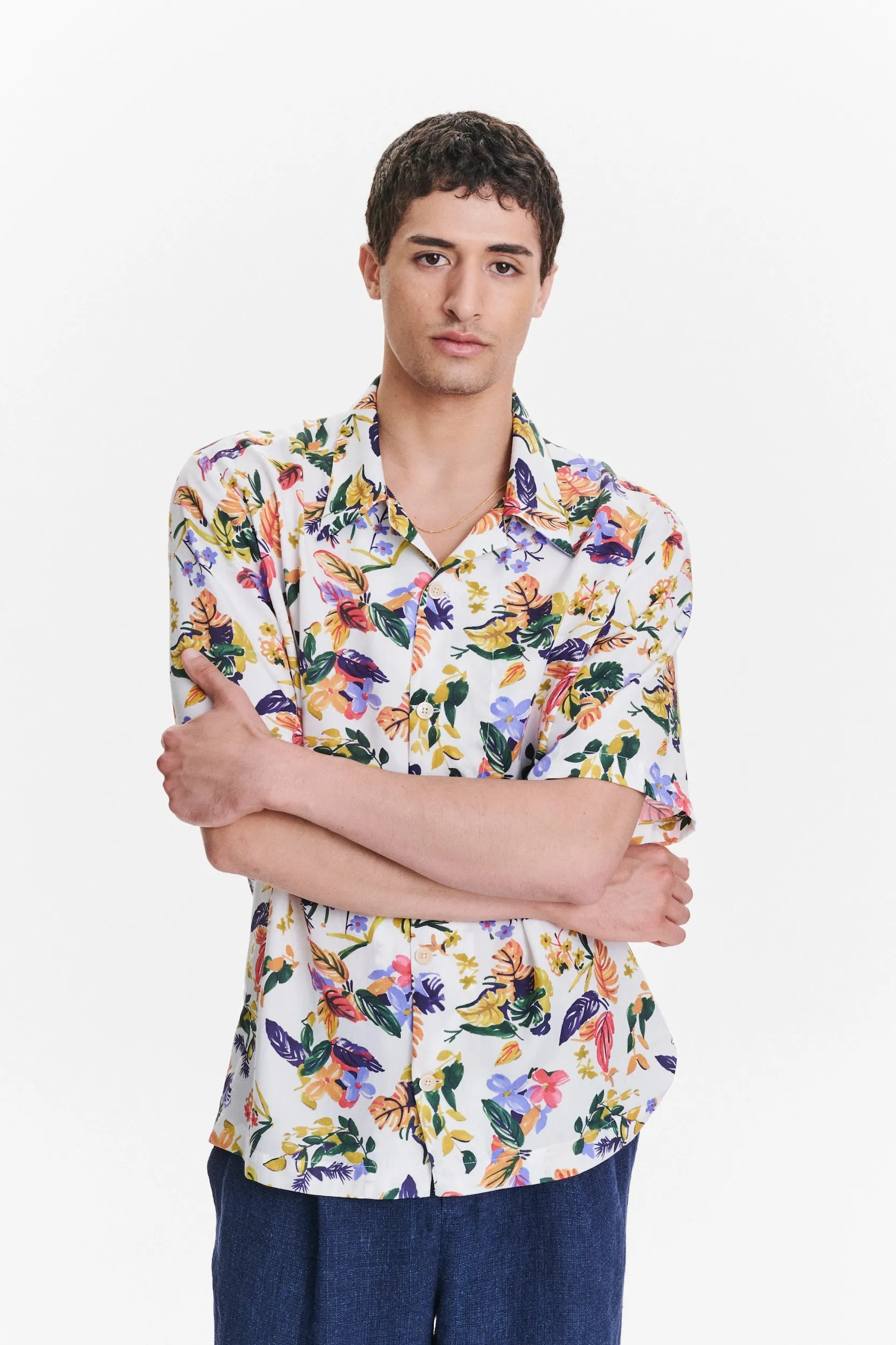 Short Sleeve Cuban Collar Shirt in a Green, Yellow, Blue Flower Natural Italian Lyocell sold by Delikatessen product image thumbnail 4