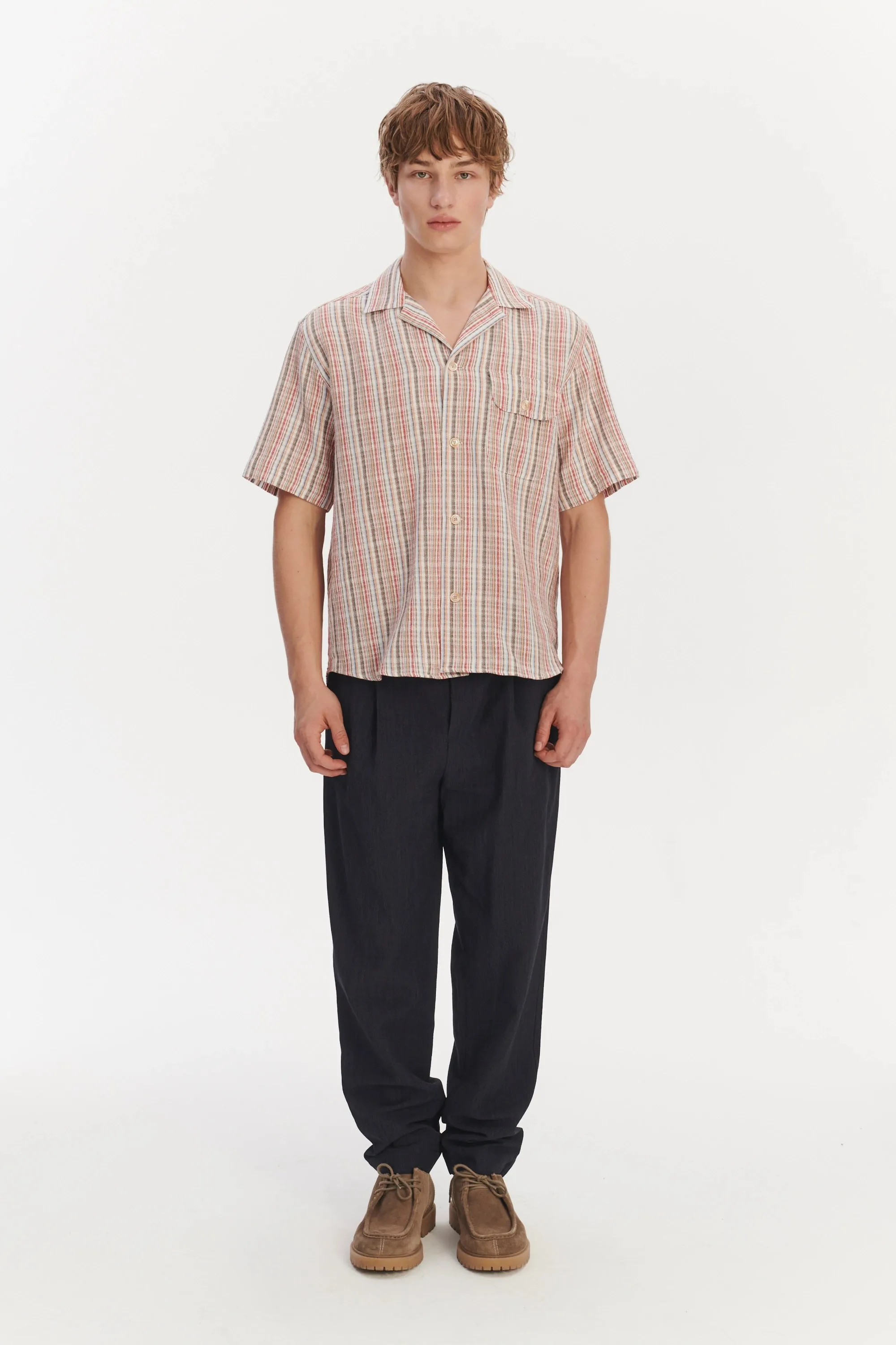 Short Sleeve Camp Collar Shirt in a Red, Blue, Grey and Beige Airy Portuguese Cotton sold by Delikatessen