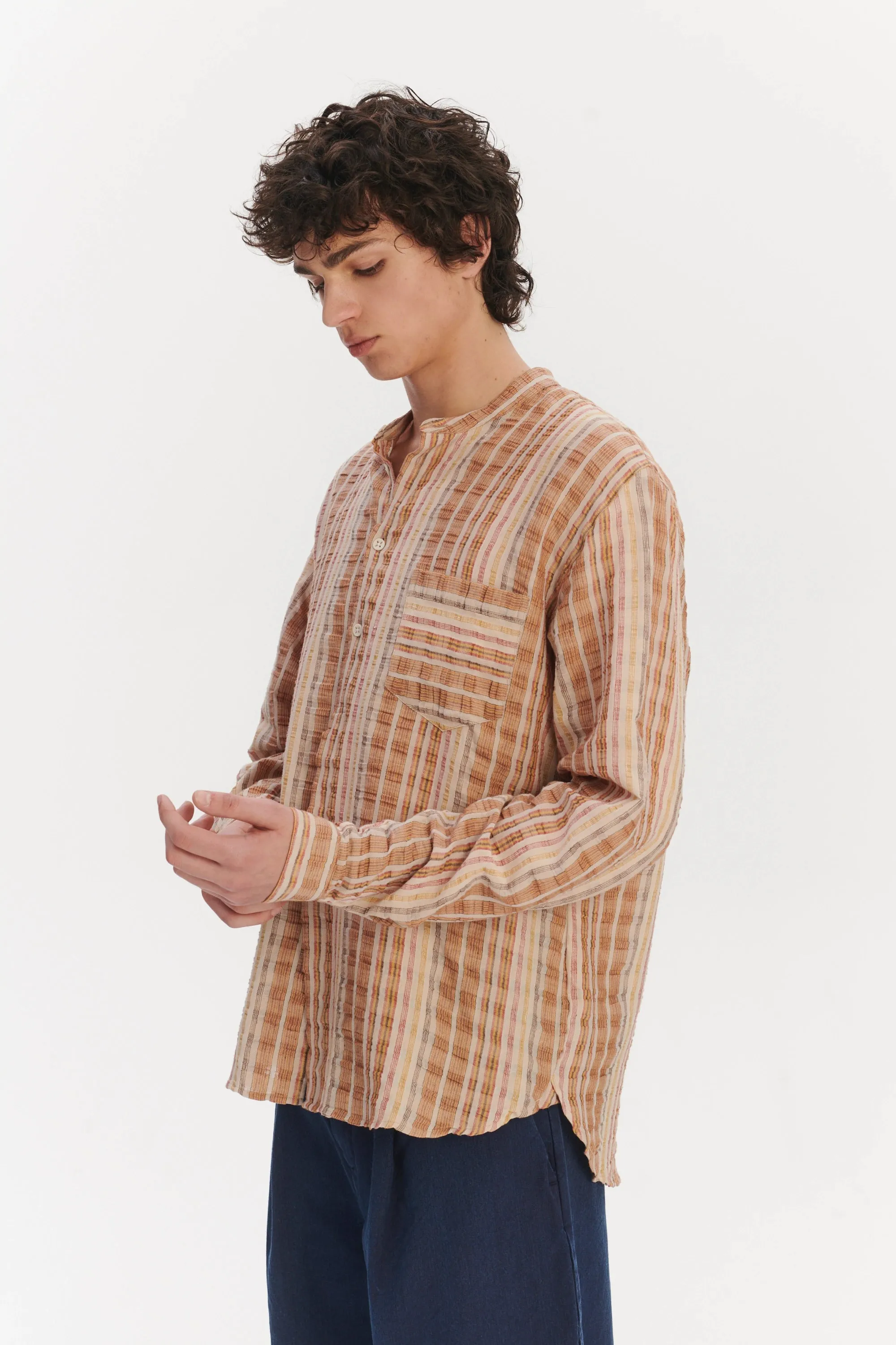 New Zen Grandad Collar Shirt in a Beige, Orange and Brown Striped Portuguese Linen and Cotton sold by Delikatessen product image thumbnail 2