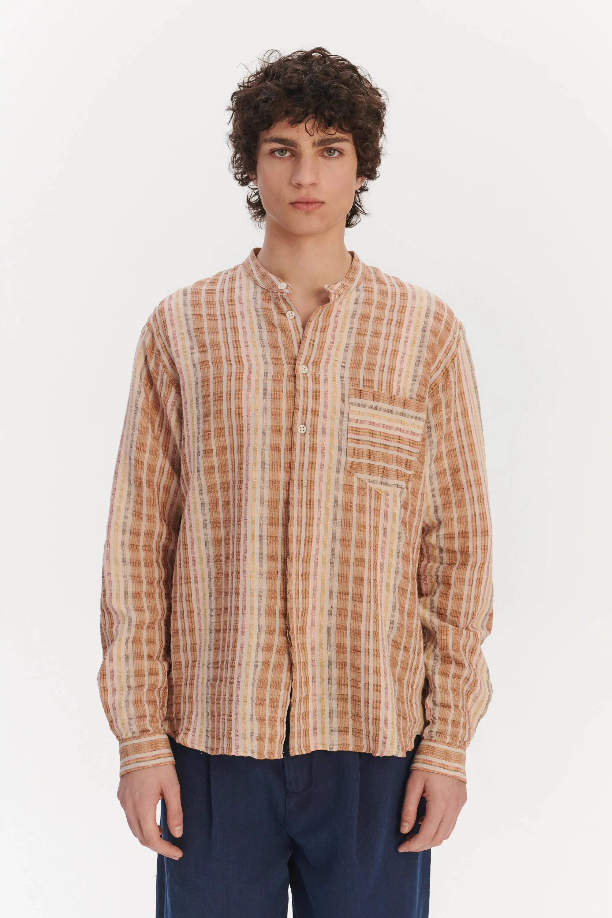 New Zen Grandad Collar Shirt in a Beige, Orange and Brown Striped Portuguese Linen and Cotton sold by Delikatessen product image thumbnail 3