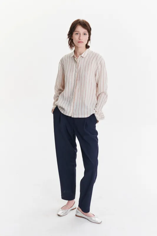 Cute Round Collar Shirt in a Soft and Airy Striped Bohemian Linen sold by Delikatessen