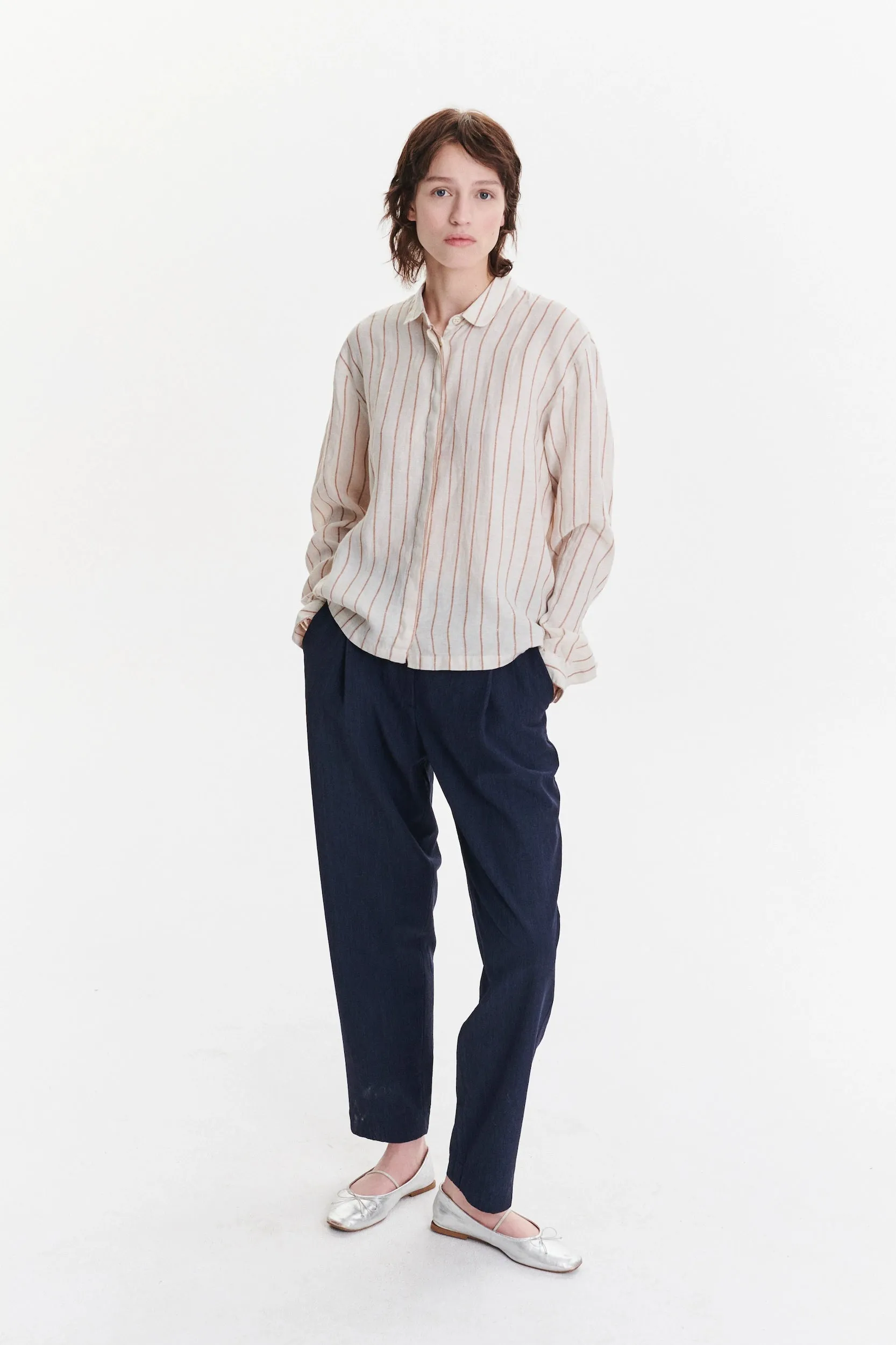 Cute Round Collar Shirt in a Soft and Airy Striped Bohemian Linen sold by Delikatessen