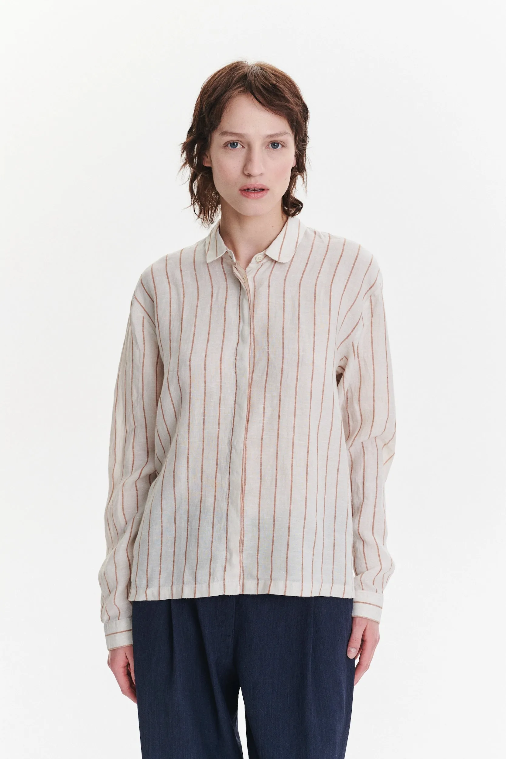 Cute Round Collar Shirt in a Soft and Airy Striped Bohemian Linen sold by Delikatessen product image thumbnail 5