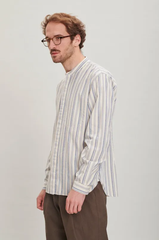 Zen Grandad Collar Shirt in a Retro Blue and Cream White Striped Soft Italian Cotton sold by Delikatessen