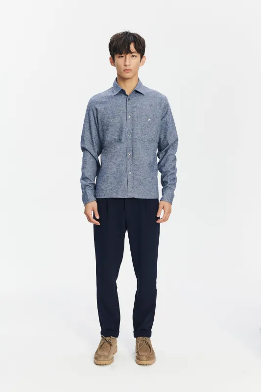 Carpenter Shirt in a Fine Blue Melange  Italian Cotton Flannel by Albini sold by Delikatessen