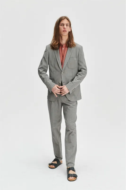 Blazer in a Grey Herringbone and Subtle Blue Stripe Fine Italian Cotton Crepe by Bonotto made by Delikatessen