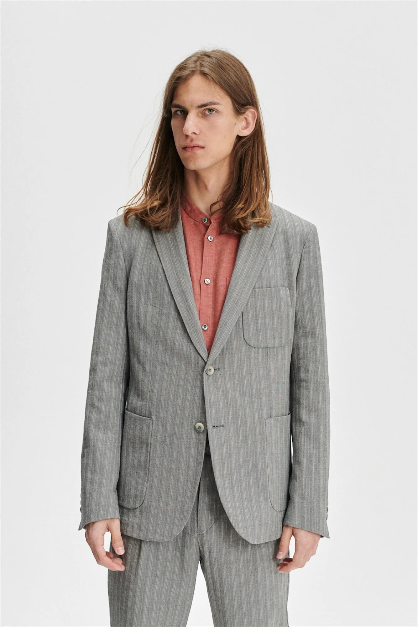Blazer in a Grey Herringbone and Subtle Blue Stripe Fine Italian Cotton Crepe by Bonotto sold by Delikatessen product image thumbnail 2