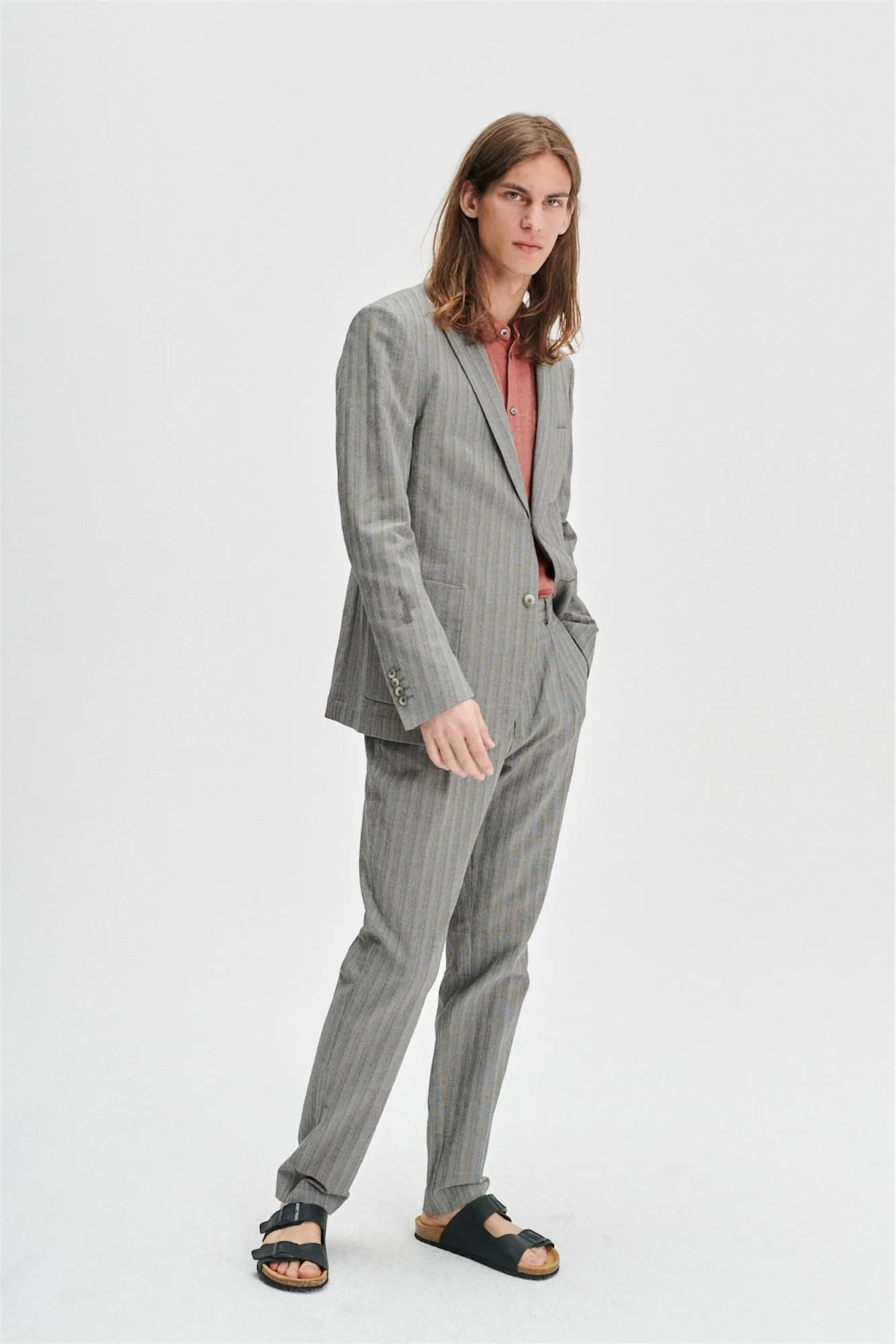 Blazer in a Grey Herringbone and Subtle Blue Stripe Fine Italian Cotton Crepe by Bonotto sold by Delikatessen product image thumbnail 4