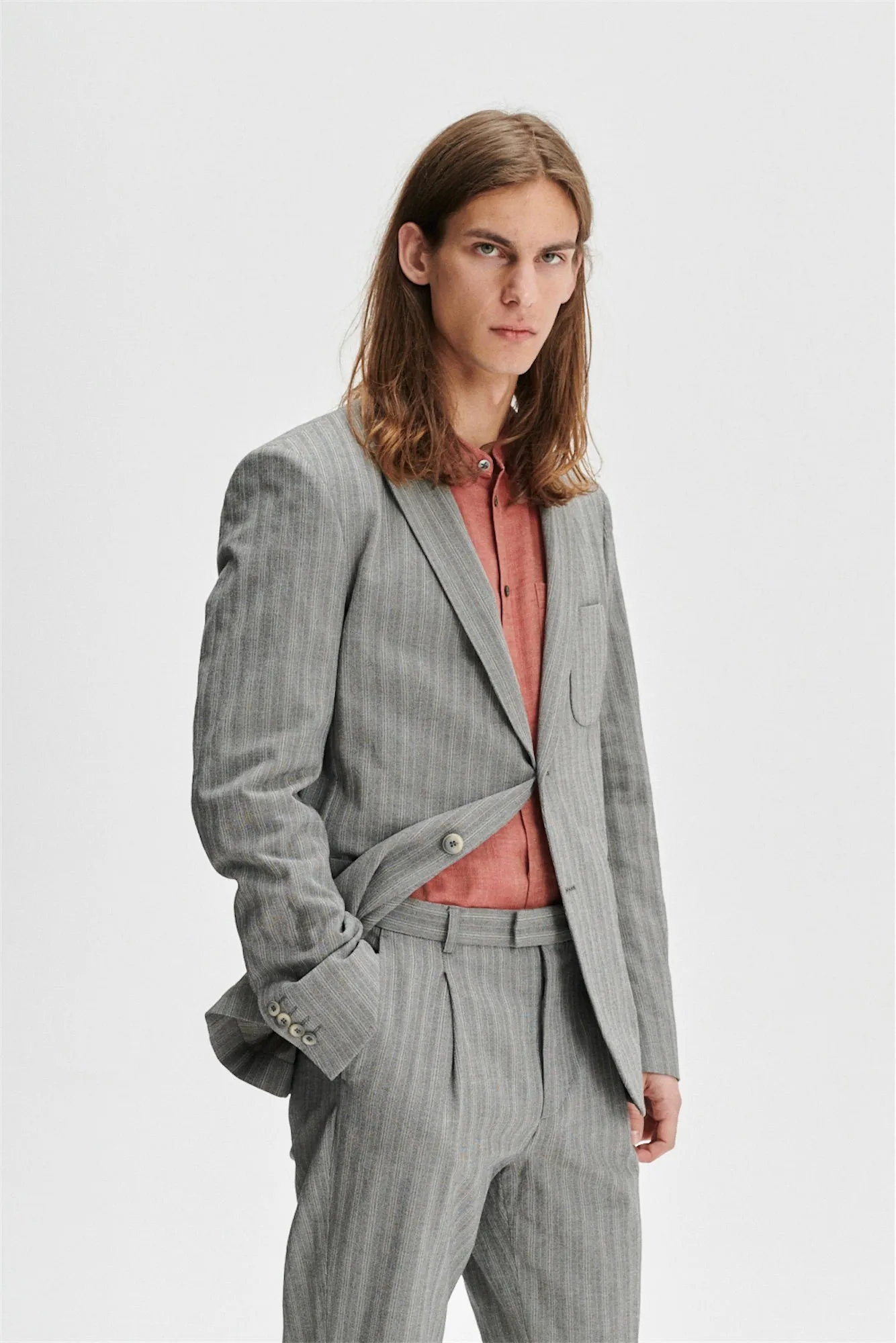 Blazer in a Grey Herringbone and Subtle Blue Stripe Fine Italian Cotton Crepe by Bonotto sold by Delikatessen product image thumbnail 3