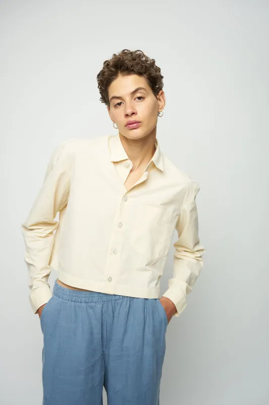 Relaxed Cropped Shirt in a Creamy Yellow White Soft Italian Cotton sold by Delikatessen