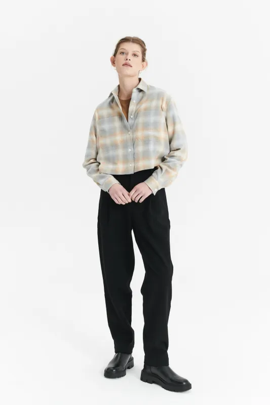 Cropped Shirt in a Soft Tonal Beige and Grey Chequered Italian Cotton Flannel sold by Delikatessen