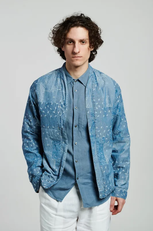 Kimono Overshirt in a Bleached Light Indigo Blue Jacquard Italian Cotton Denim sold by Delikatessen