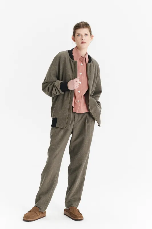 Unisex Bomber Jacket in a Taupe Italian Winter Virgin Wool and Cotton Seersucker sold by Delikatessen