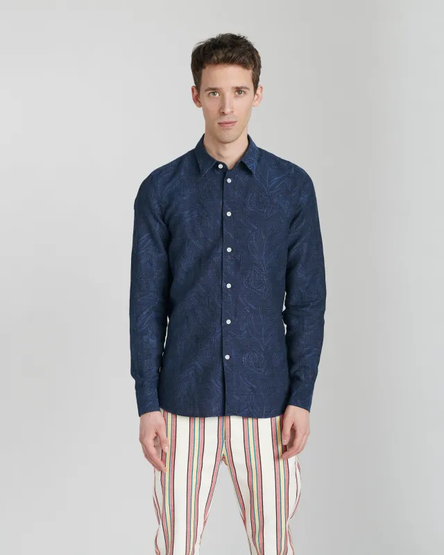 Feel Good Shirt in a Navy Blue Subtle Flower Jacquard Woven Italian Cotton and Linen sold by Delikatessen