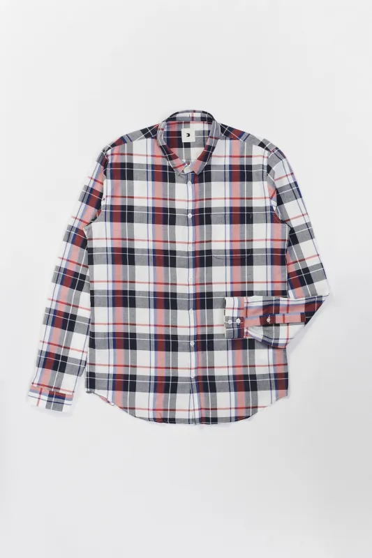 Proper Shirt in a Red, Black, Dark Blue and White Chequered Japanese Cotton Flannel sold by Delikatessen
