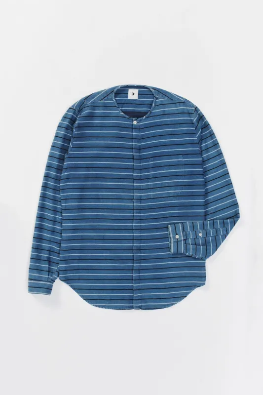 Harmony Collarless Shirt in a Blue Indigo and Grey Striped Soft Italian Brushed Cotton Flannel sold by Delikatessen
