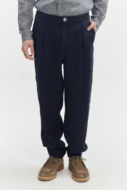 Genuine Trousers in a Navy Fluid and Structured Italian Linen Crepe sold by Delikatessen