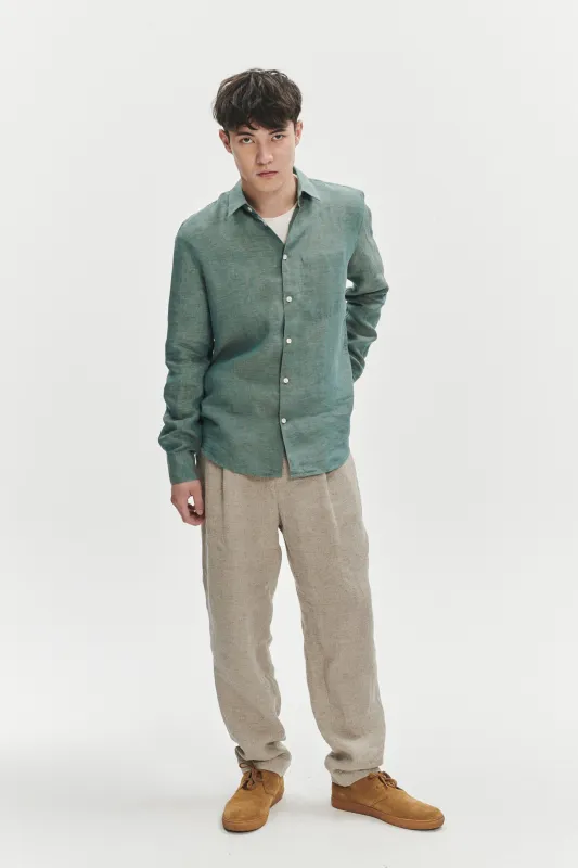 Feel Good Shirt in the Finest Green Delavé Portuguese Linen sold by Delikatessen
