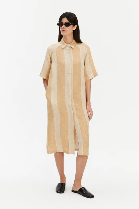 Italian Linen Shirt Dress – White & Soft Beige Stripe sold by Delikatessen