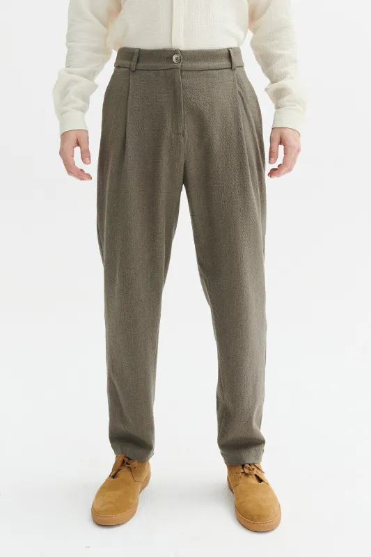 Genuine Trousers in a Taupe Italian Virgin Wool and Cotton Seersucker sold by Delikatessen