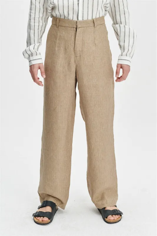 Relaxed Wide Leg Trousers in a Beige Subtle Striped Fine Italian Linen sold by Delikatessen