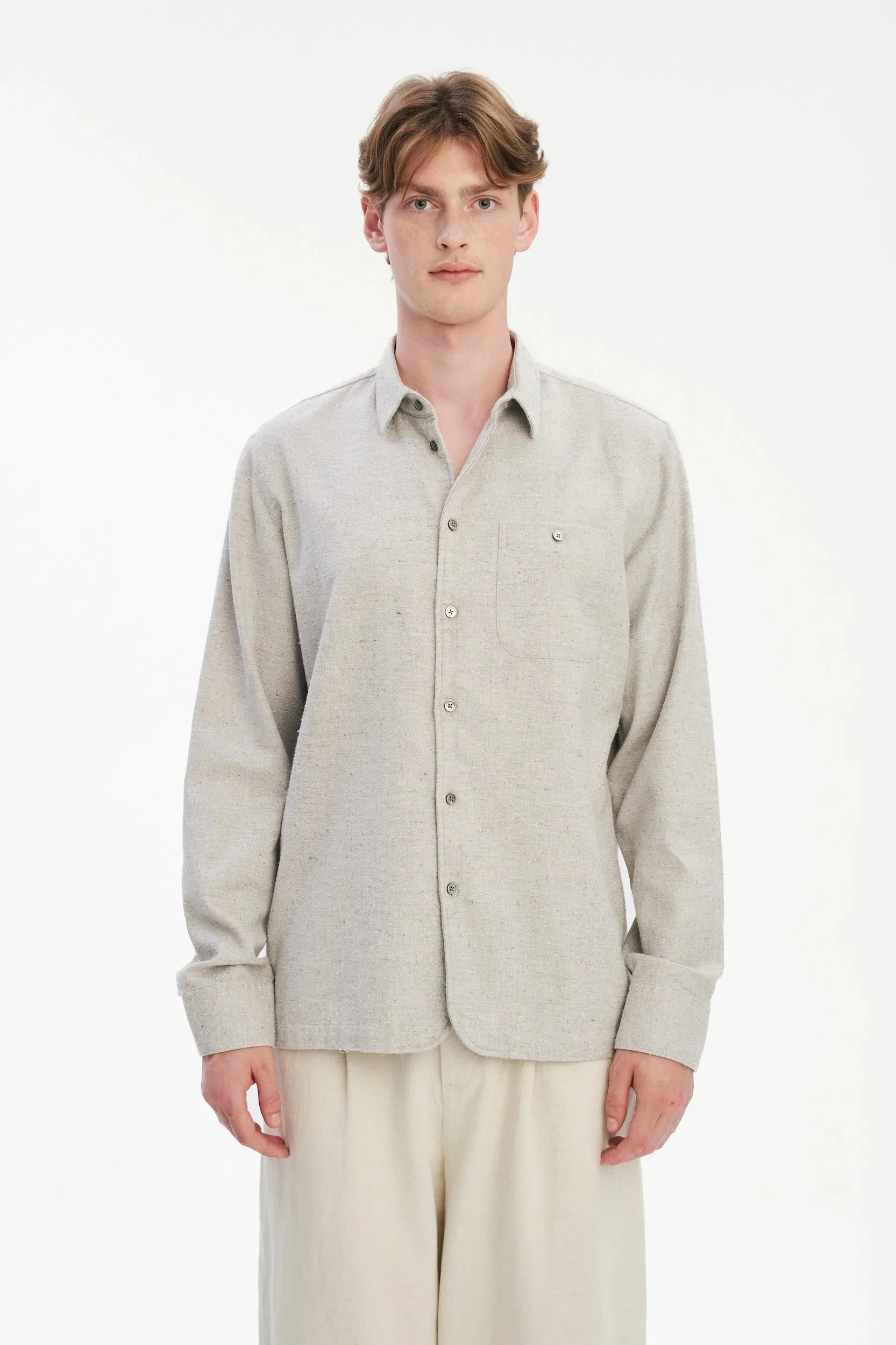 Strong Shirt in a Beige Grey Structural Italian Cotton, Silk and Wool Tweed sold by Delikatessen product image thumbnail 4