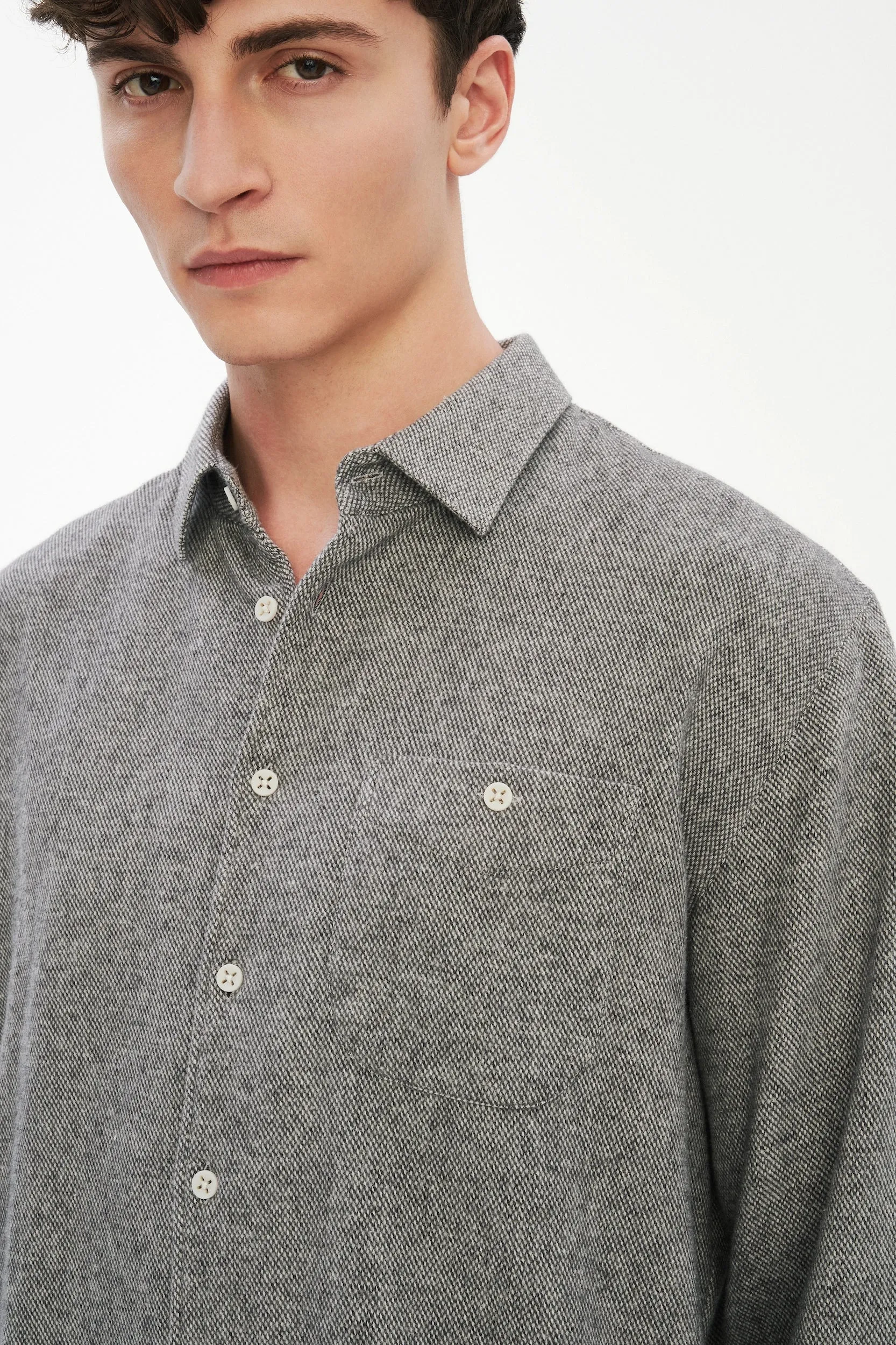 Strong Shirt in a Grey Recycled Structural Flannel with Signature Hemp Buttons sold by Delikatessen product image thumbnail 2