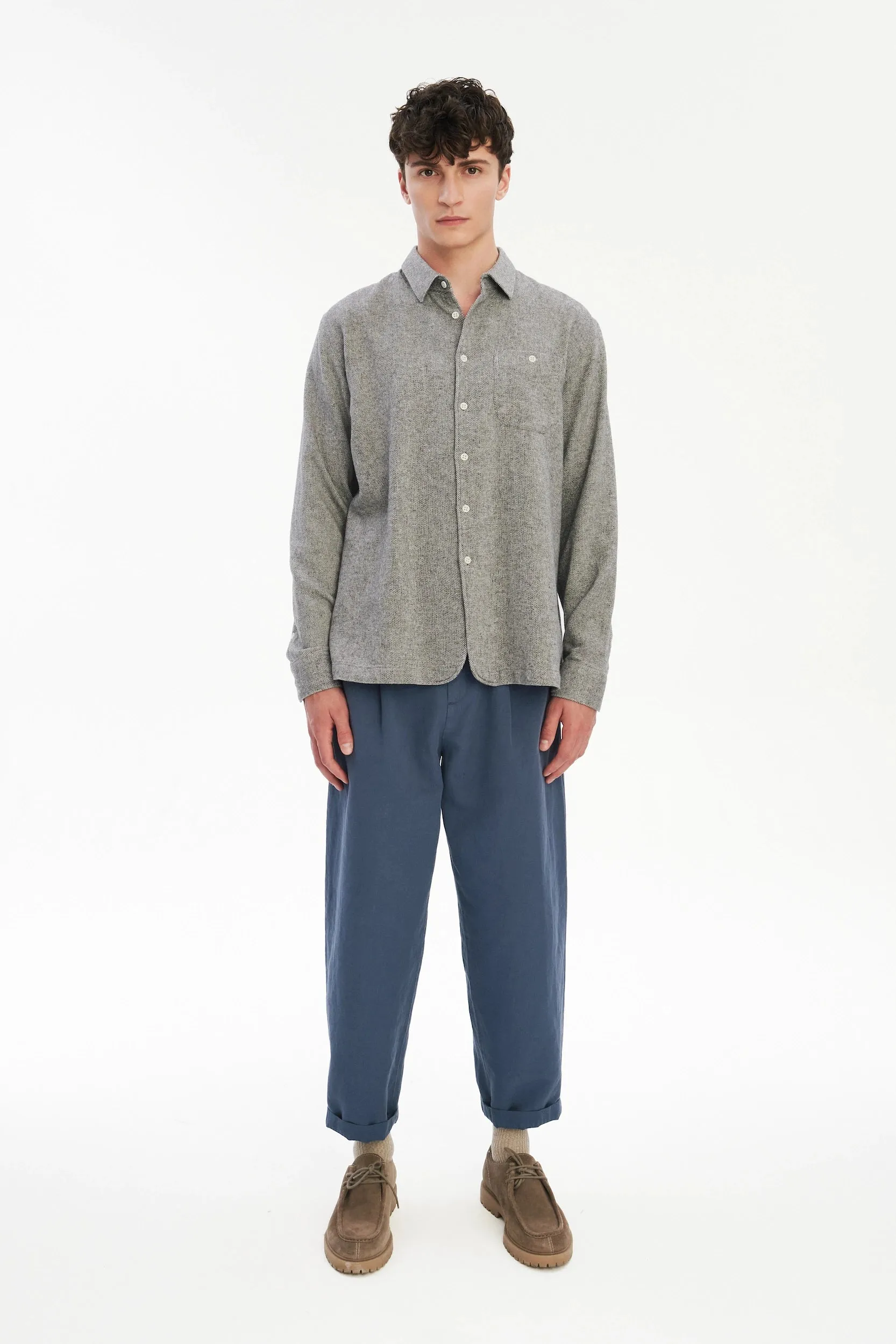 Strong Shirt in a Grey Recycled Structural Flannel with Signature Hemp Buttons sold by Delikatessen