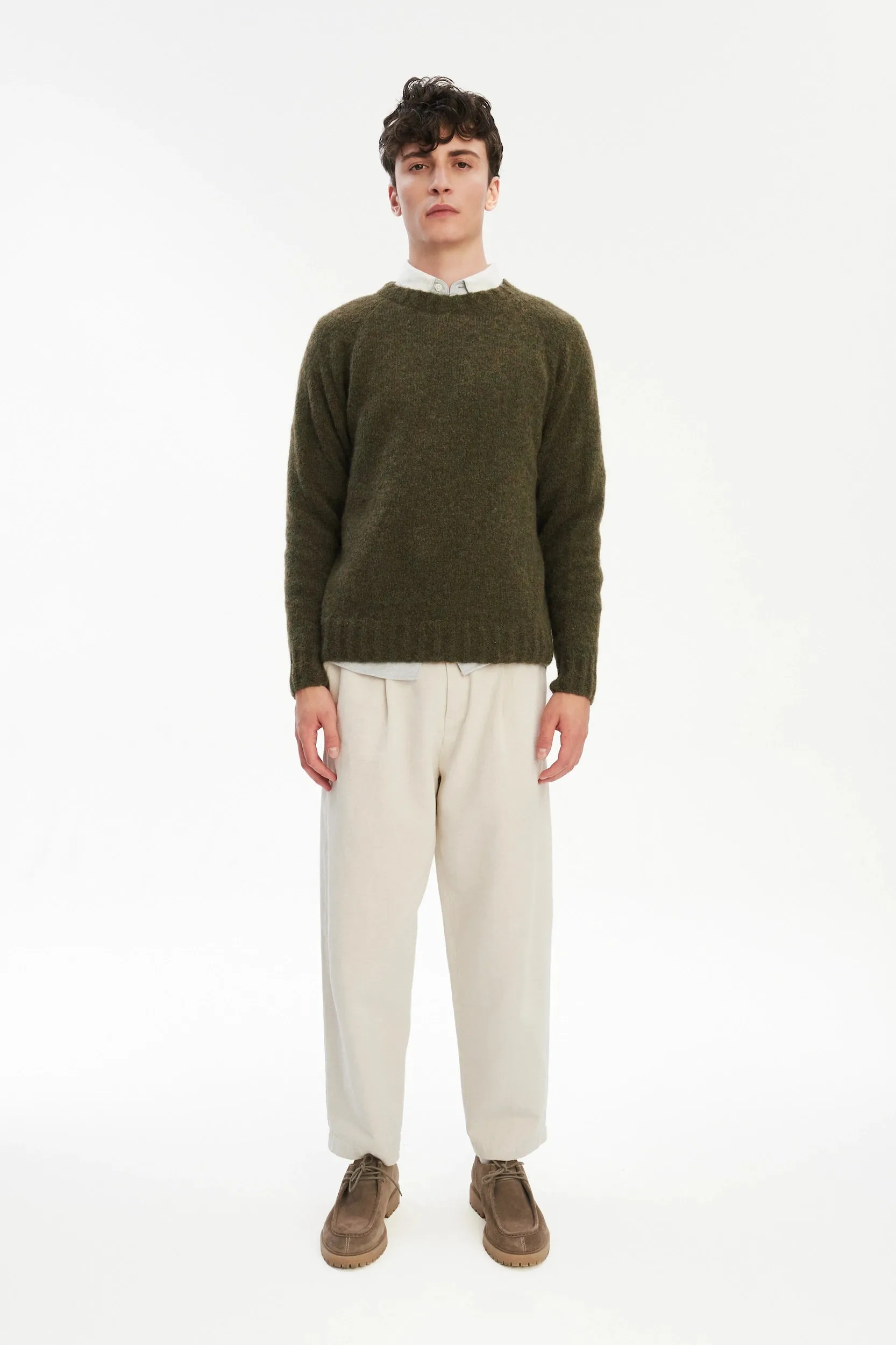 Brushed Sustainable Alpaca Wool Crewneck Sweater in Moss Green sold by Delikatessen