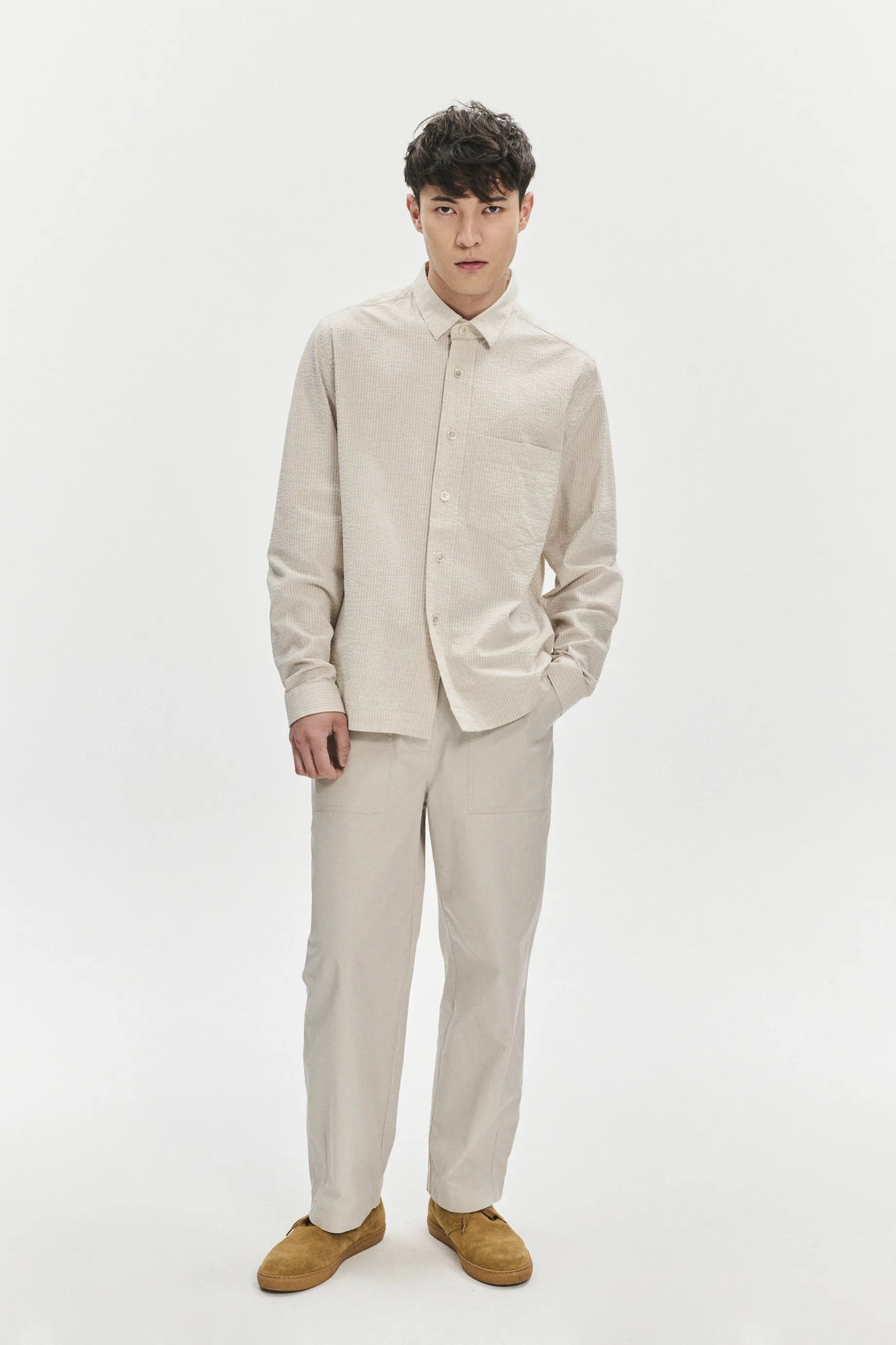 Overshirt in a Fine Beige Portuguese All Year Cotton Seersucker sold by Delikatessen