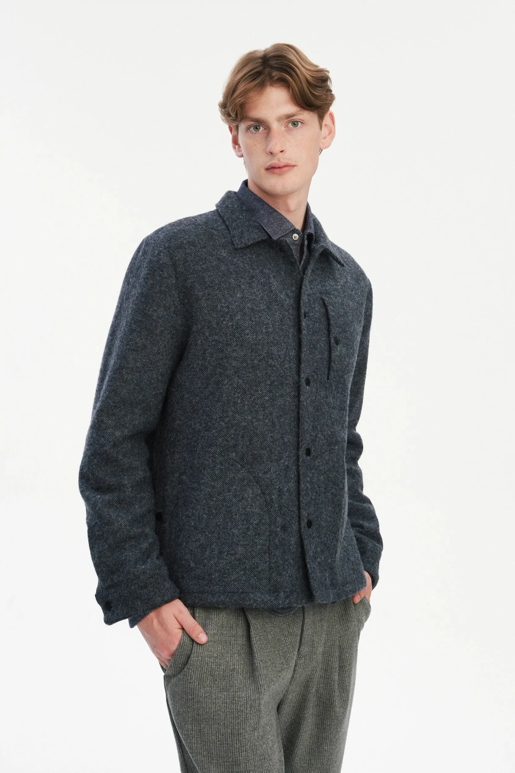 Snap Button Jacket in Italian Recycled Wool and Cotton - Navy sold by Delikatessen product image thumbnail 4