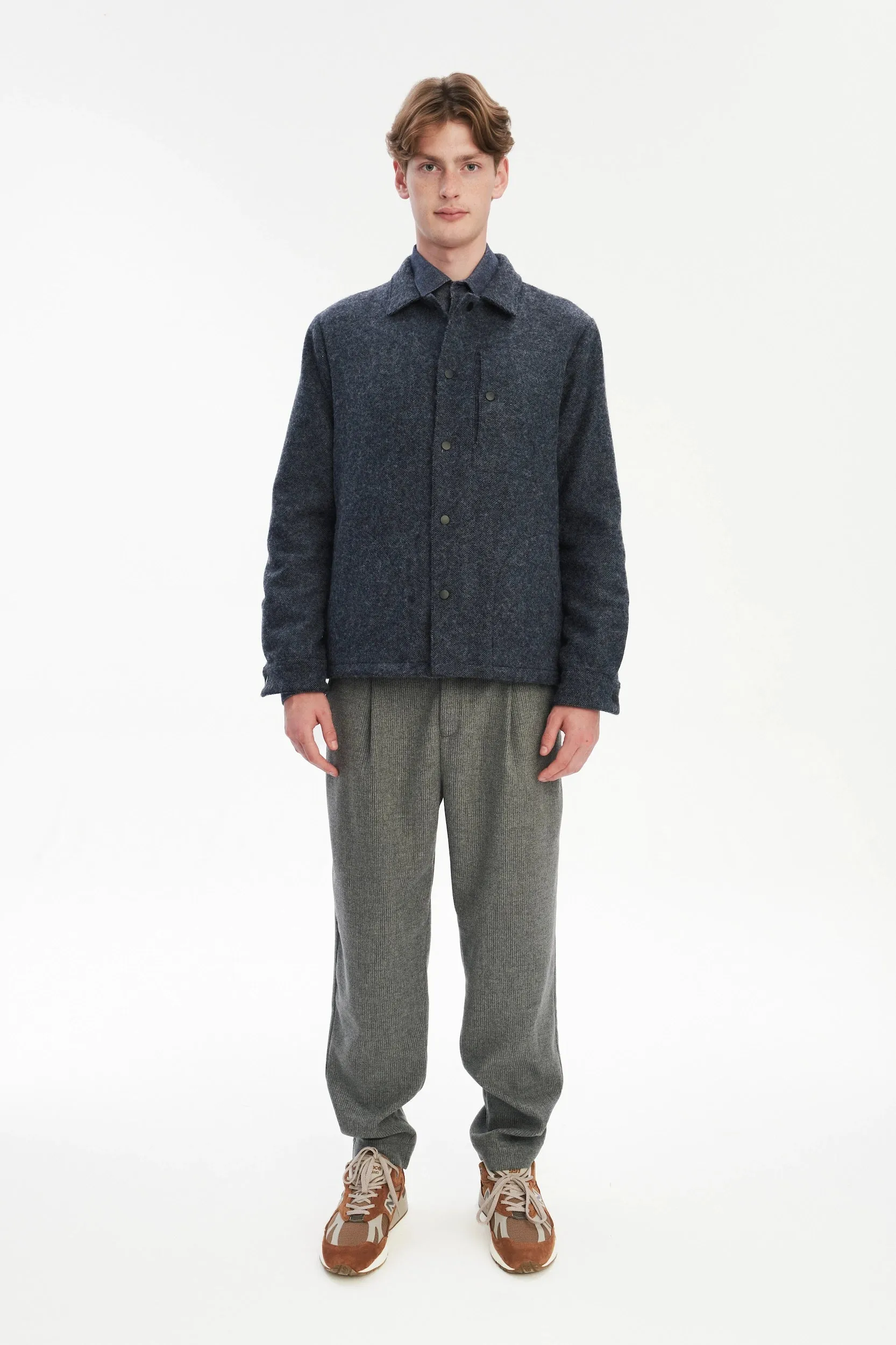 Snap Button Jacket in Navy Recycled Wool and Cotton with MEIDA sold by Delikatessen