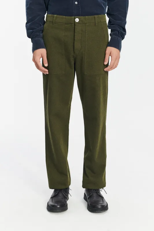 Fatigue Pants in the Finest Olive Green Italian Cotton and Wool Twill from Subalpino sold by Delikatessen