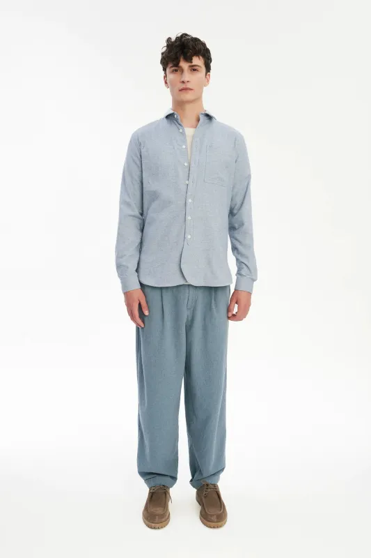 Farmer Shirt in a Fine Portuguese Brushed Blue Flannel sold by Delikatessen