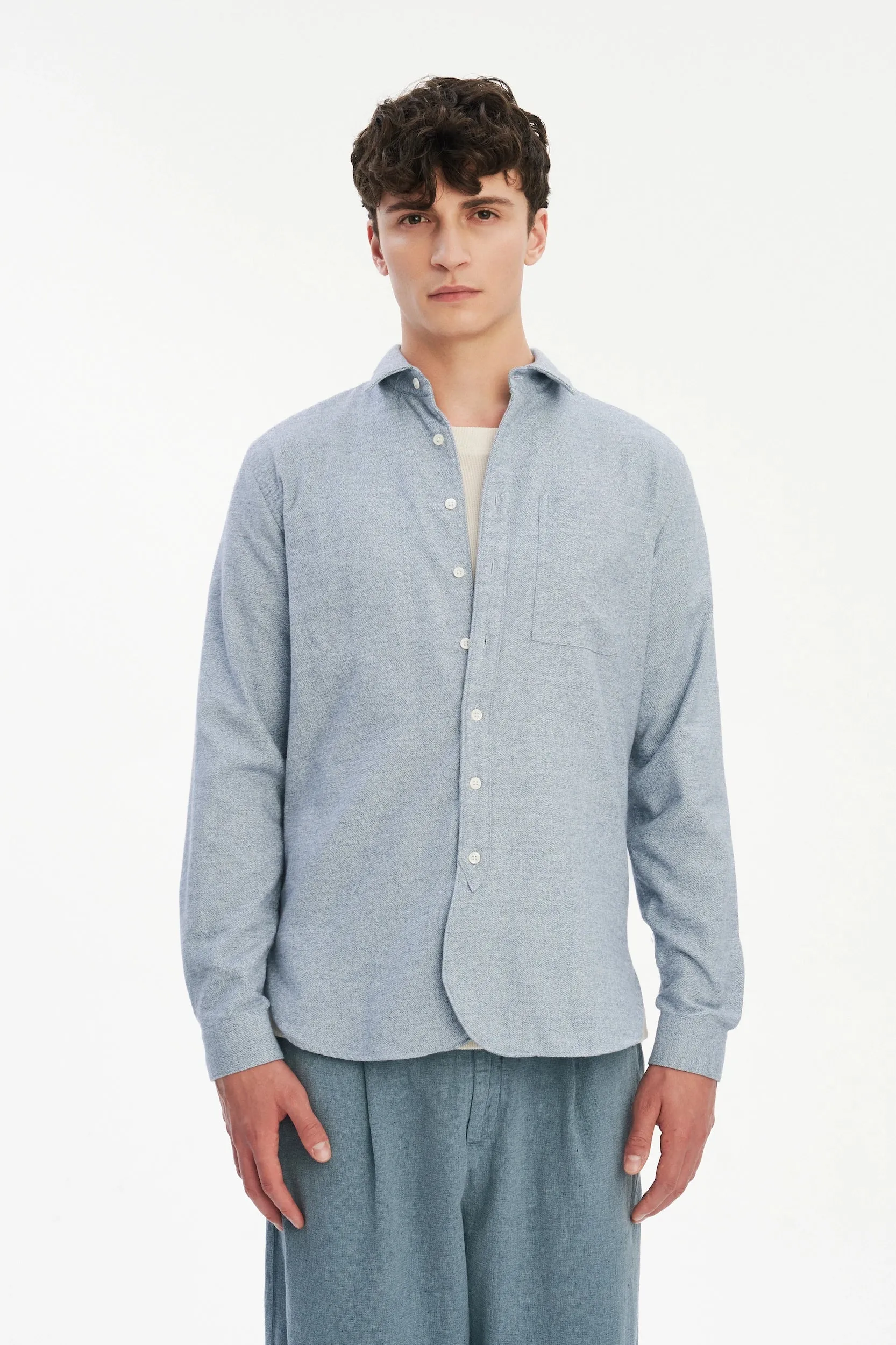 Farmer Shirt in a Fine Portuguese Brushed Blue Flannel sold by Delikatessen product image thumbnail 3