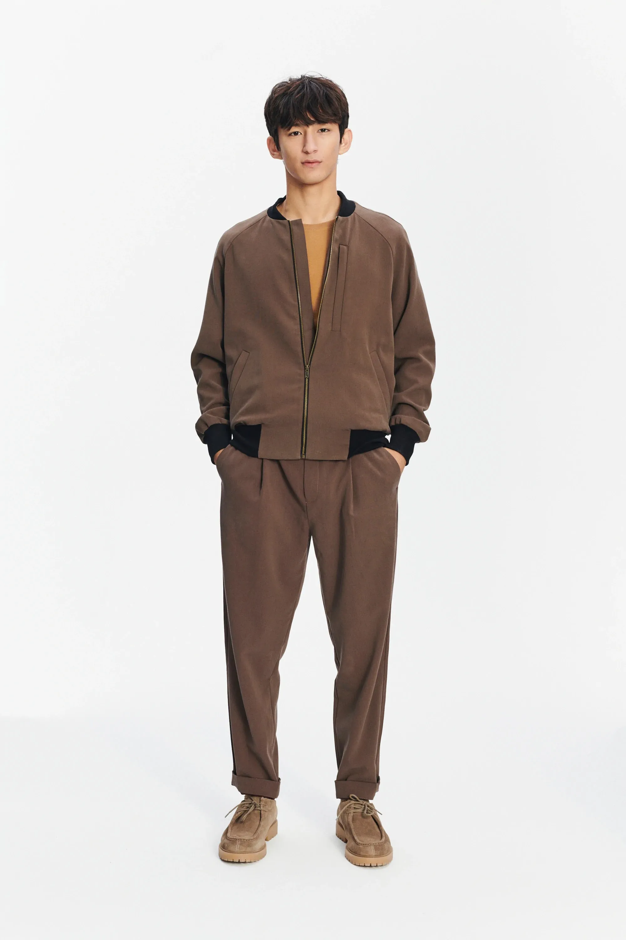 Bomber Jacket in the Finest Blend of Taupe Brown Italian Virgin Wool and Cotton by Albini sold by Delikatessen