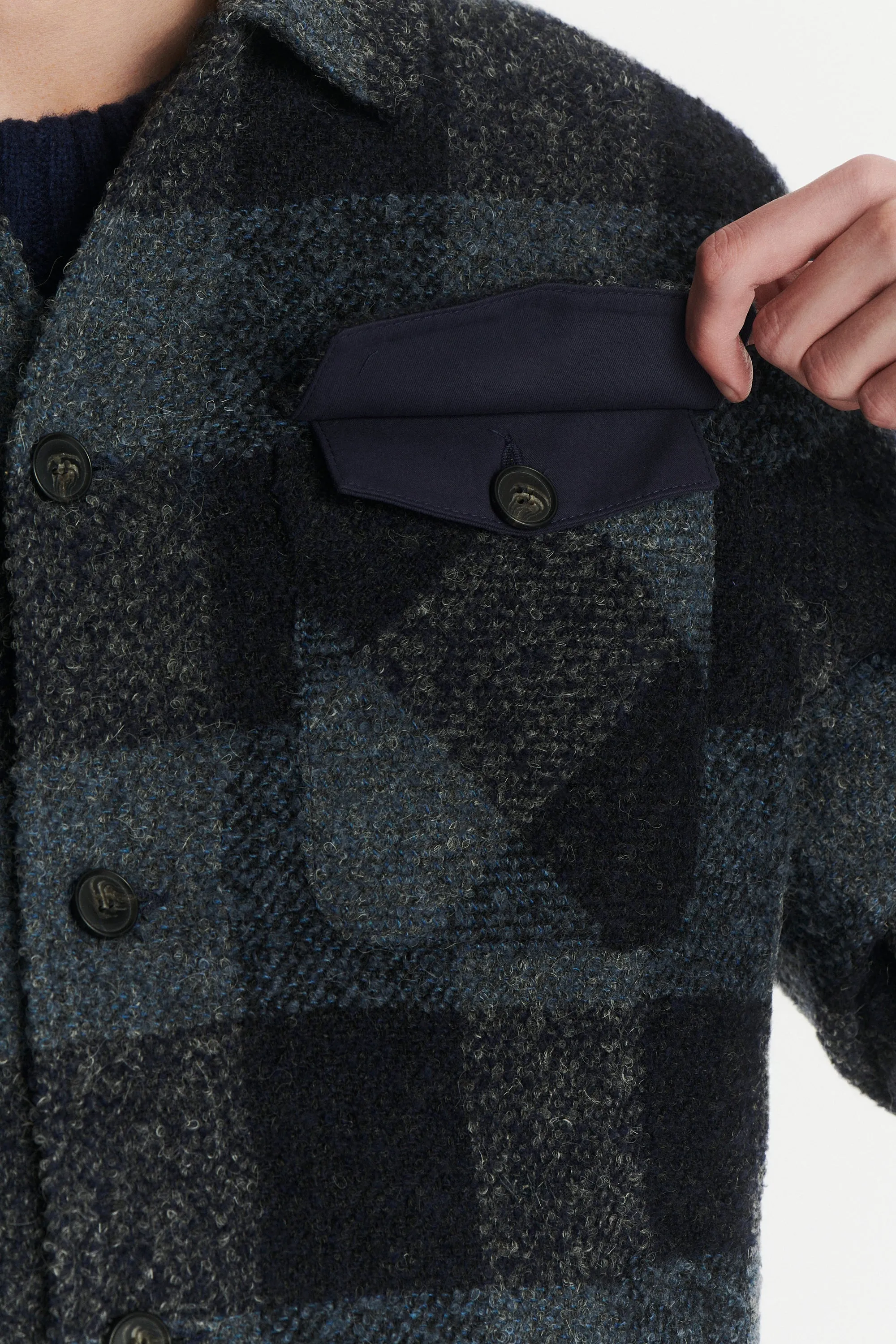 Winter Jacket in a Tonal Navy and Grey Chequered Italian Virgin and Alpaca Wool with MEIDA Thermo Insulation sold by Delikatessen product image thumbnail 2