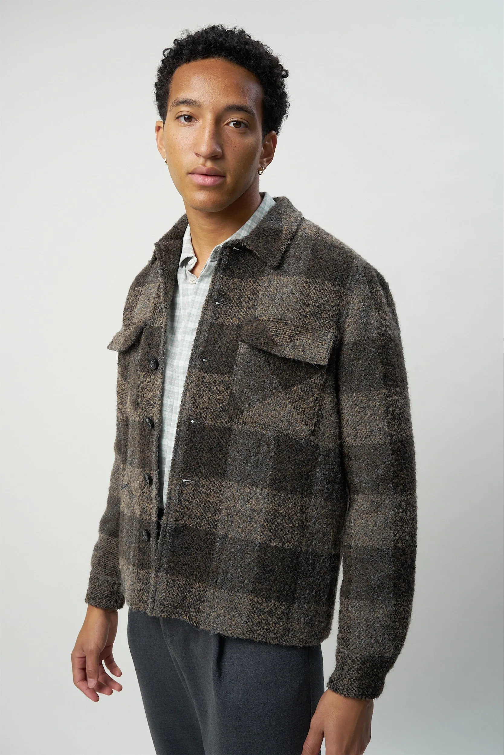 Winter Jacket in the Finest Tonal Brown Grey Chequered Italian Soft Virgin and Alpaca Wool with MEIDA Thermo Insulation sold by Delikatessen product image thumbnail 4