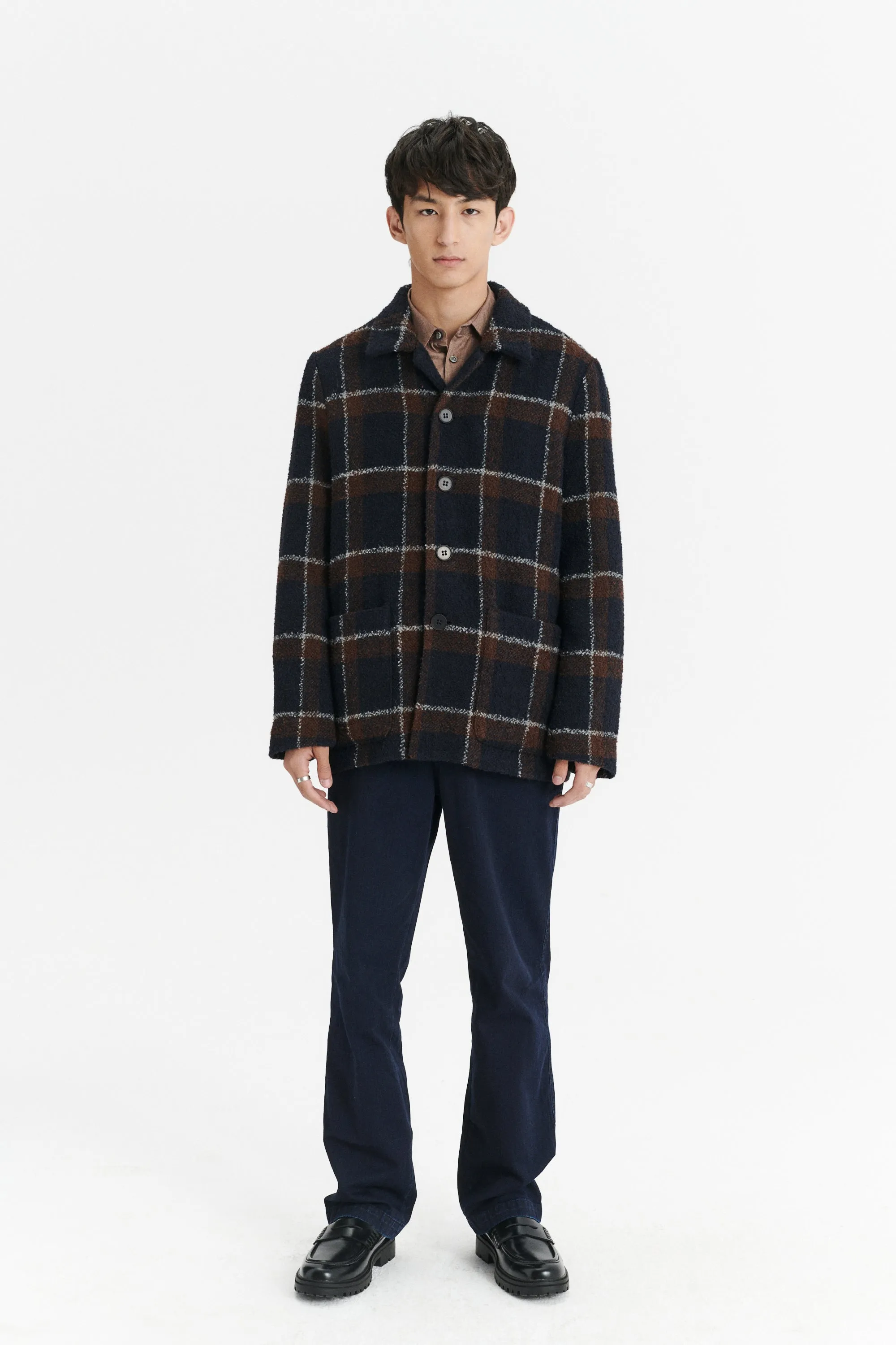 Jacket in a Brown and Navy Chequered Italian Virgin and Alpaca Bouclé Wool and Meida Thermo Insulation sold by Delikatessen