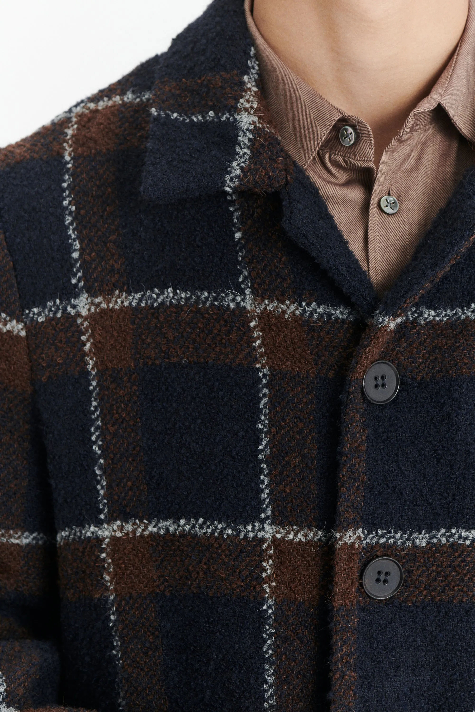 Jacket in a Brown and Navy Chequered Italian Virgin and Alpaca Bouclé Wool and Meida Thermo Insulation sold by Delikatessen product image thumbnail 2