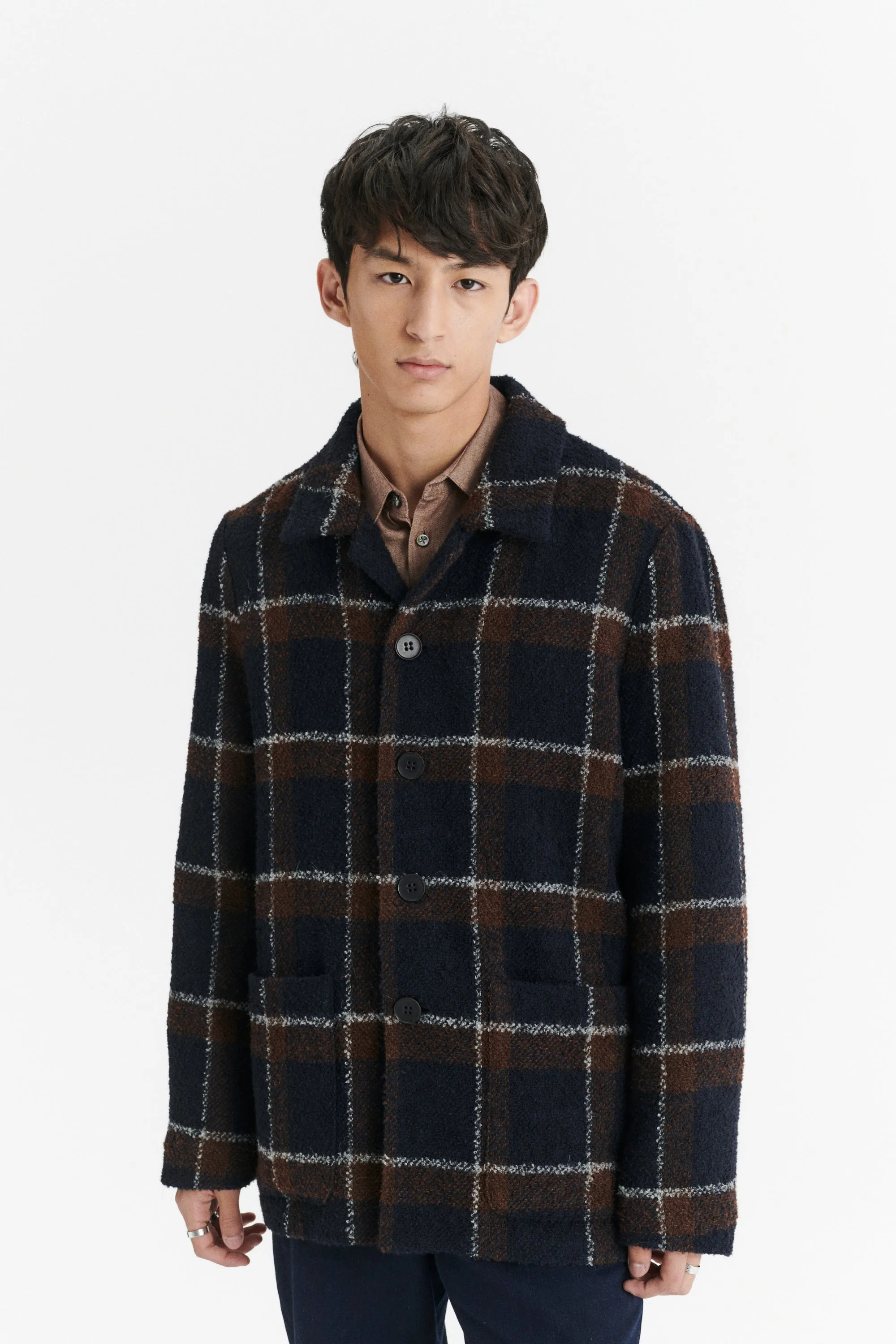 Jacket in a Brown and Navy Chequered Italian Virgin and Alpaca Bouclé Wool and Meida Thermo Insulation sold by Delikatessen product image thumbnail 4