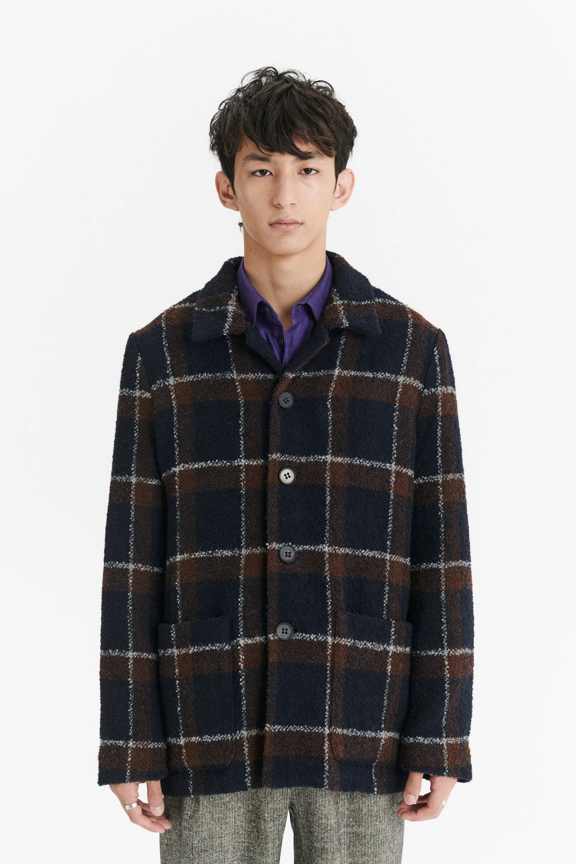 Jacket in a Brown and Navy Chequered Italian Virgin and Alpaca Bouclé Wool and Meida Thermo Insulation sold by Delikatessen product image thumbnail 3