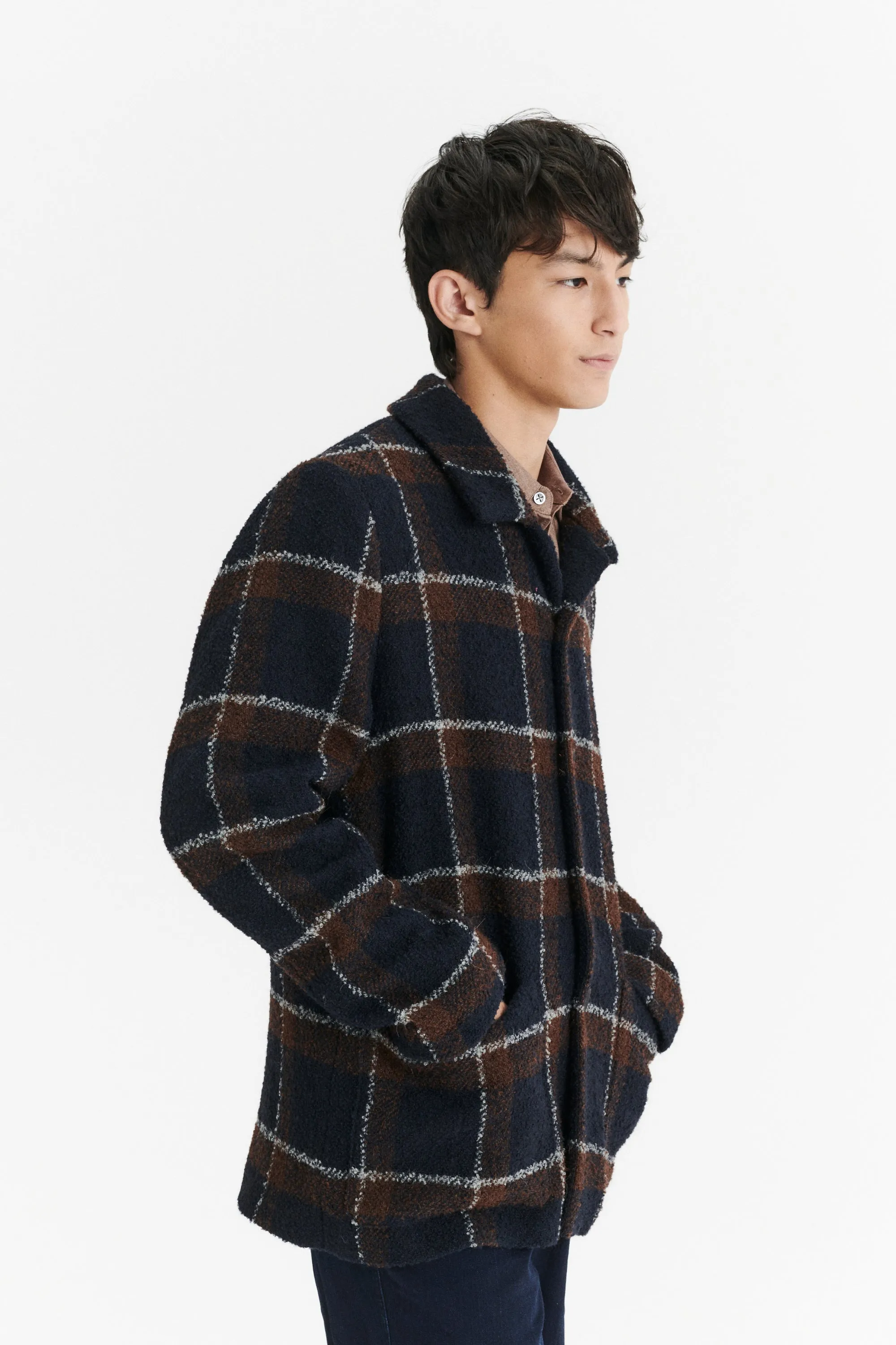 Jacket in a Brown and Navy Chequered Italian Virgin and Alpaca Bouclé Wool and Meida Thermo Insulation sold by Delikatessen product image thumbnail 5