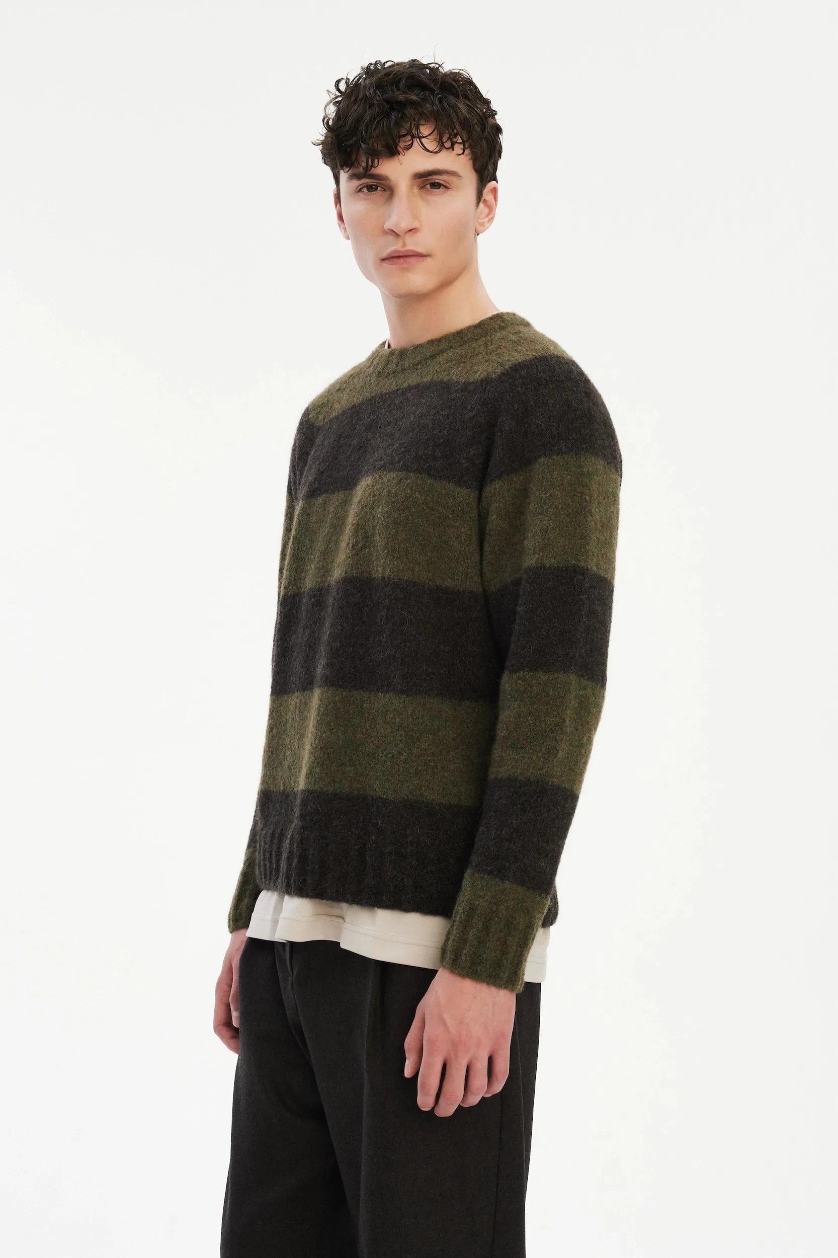 Crewneck Sweater in a Green and Brown Stripe Brushed Sustainable Alpaca Wool sold by Delikatessen product image thumbnail 4