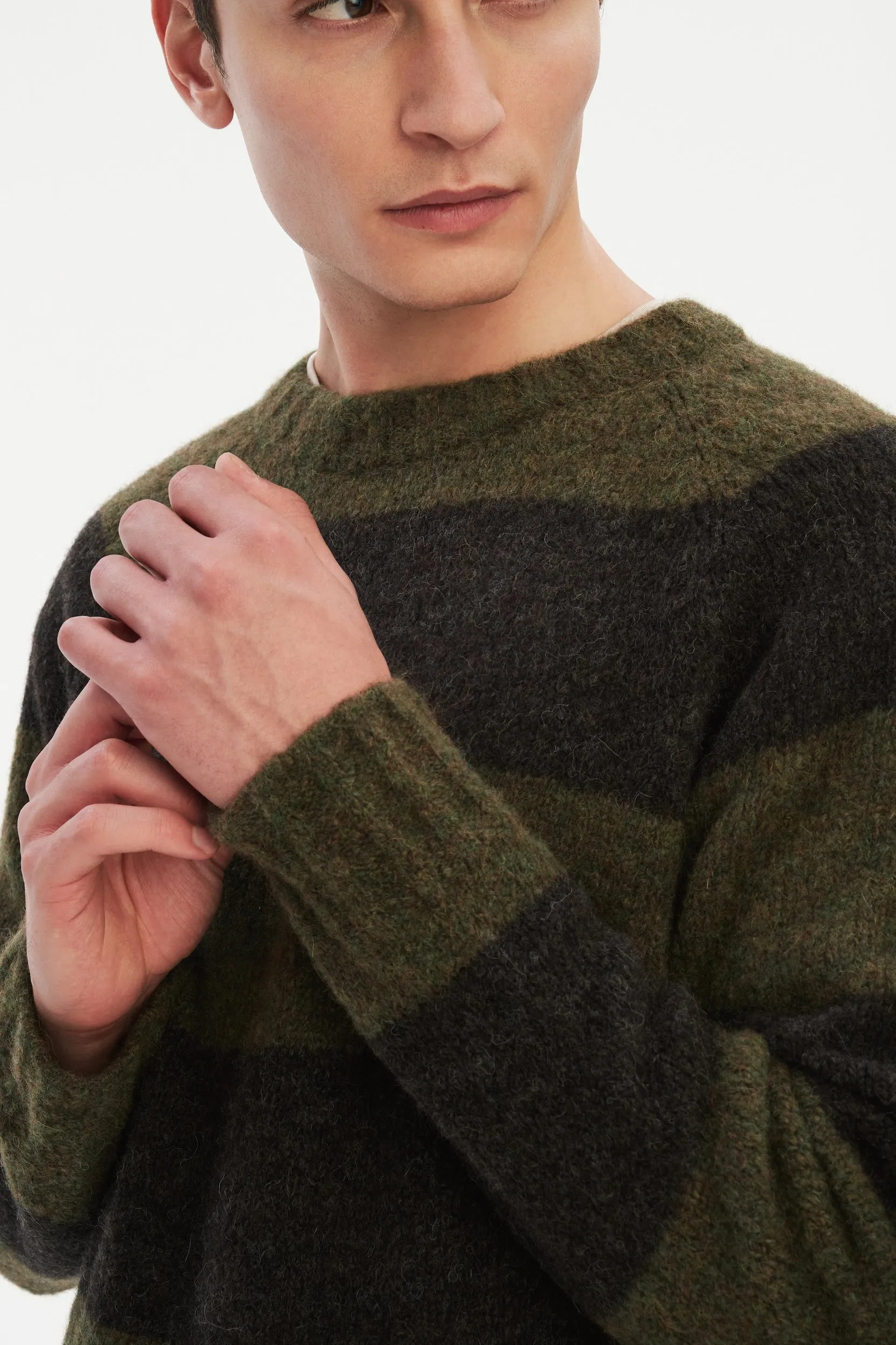 Crewneck Sweater in a Green and Brown Stripe Brushed Sustainable Alpaca Wool sold by Delikatessen product image thumbnail 2