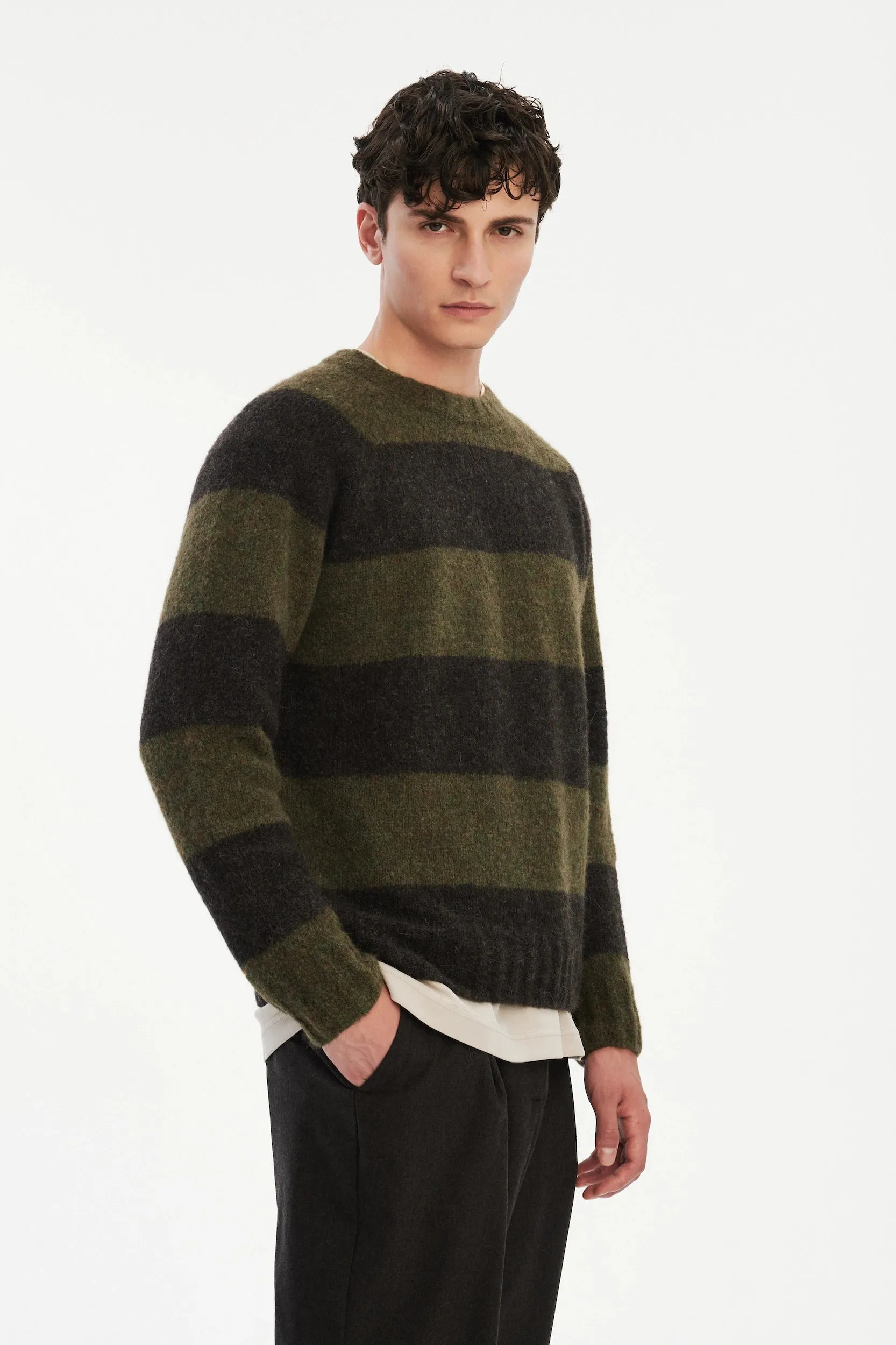 Crewneck Sweater in a Green and Brown Stripe Brushed Sustainable Alpaca Wool sold by Delikatessen product image thumbnail 5