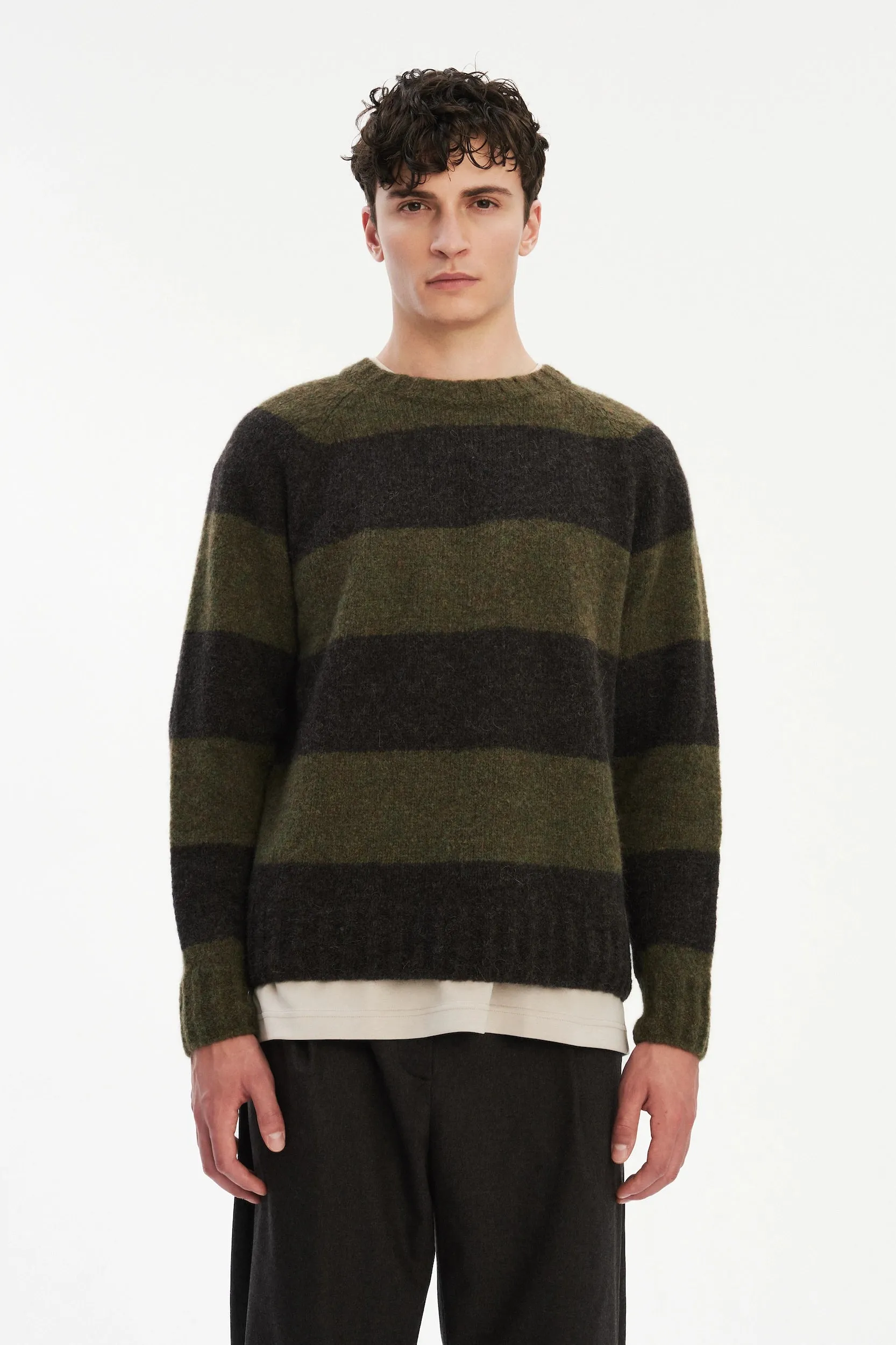 Crewneck Sweater in a Green and Brown Stripe Brushed Sustainable Alpaca Wool sold by Delikatessen product image thumbnail 3