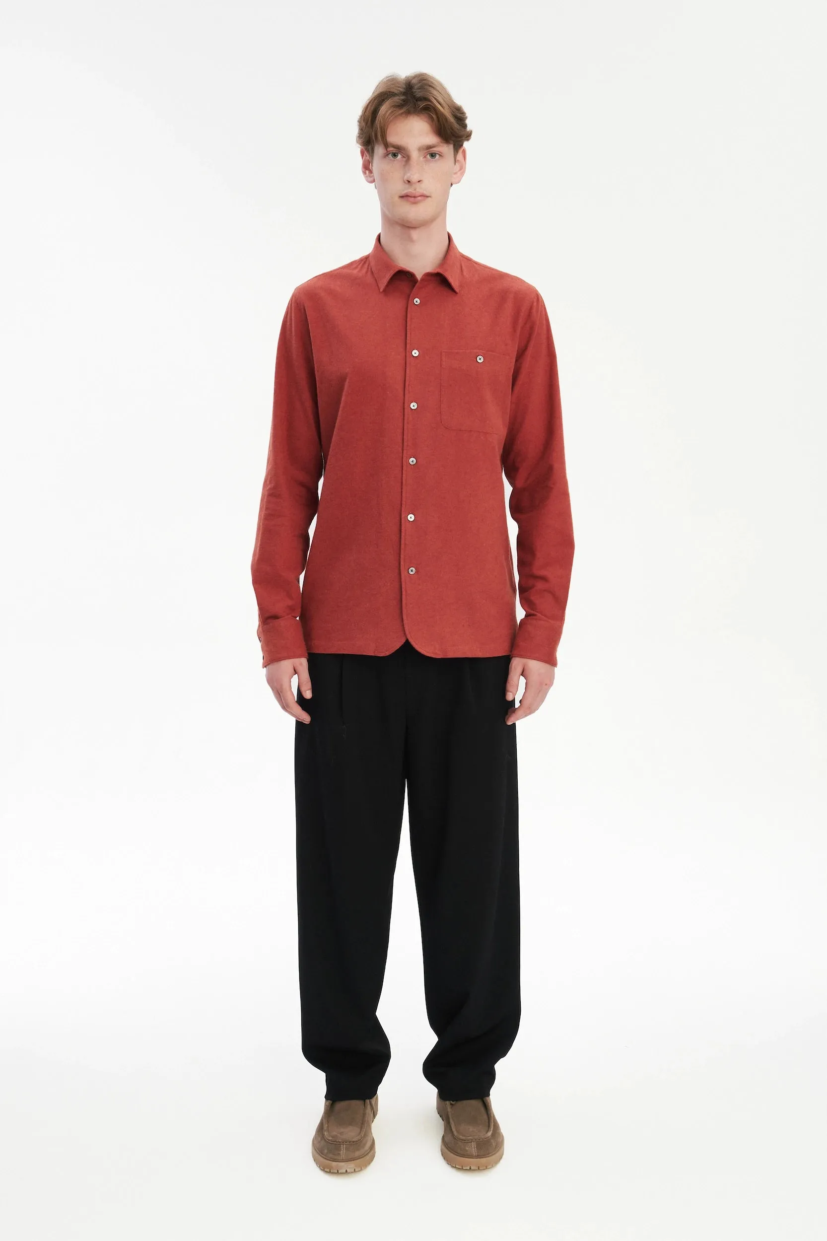 Strong Shirt in a Deep Orange Melange Recycled Italian Cotton Flannel sold by Delikatessen