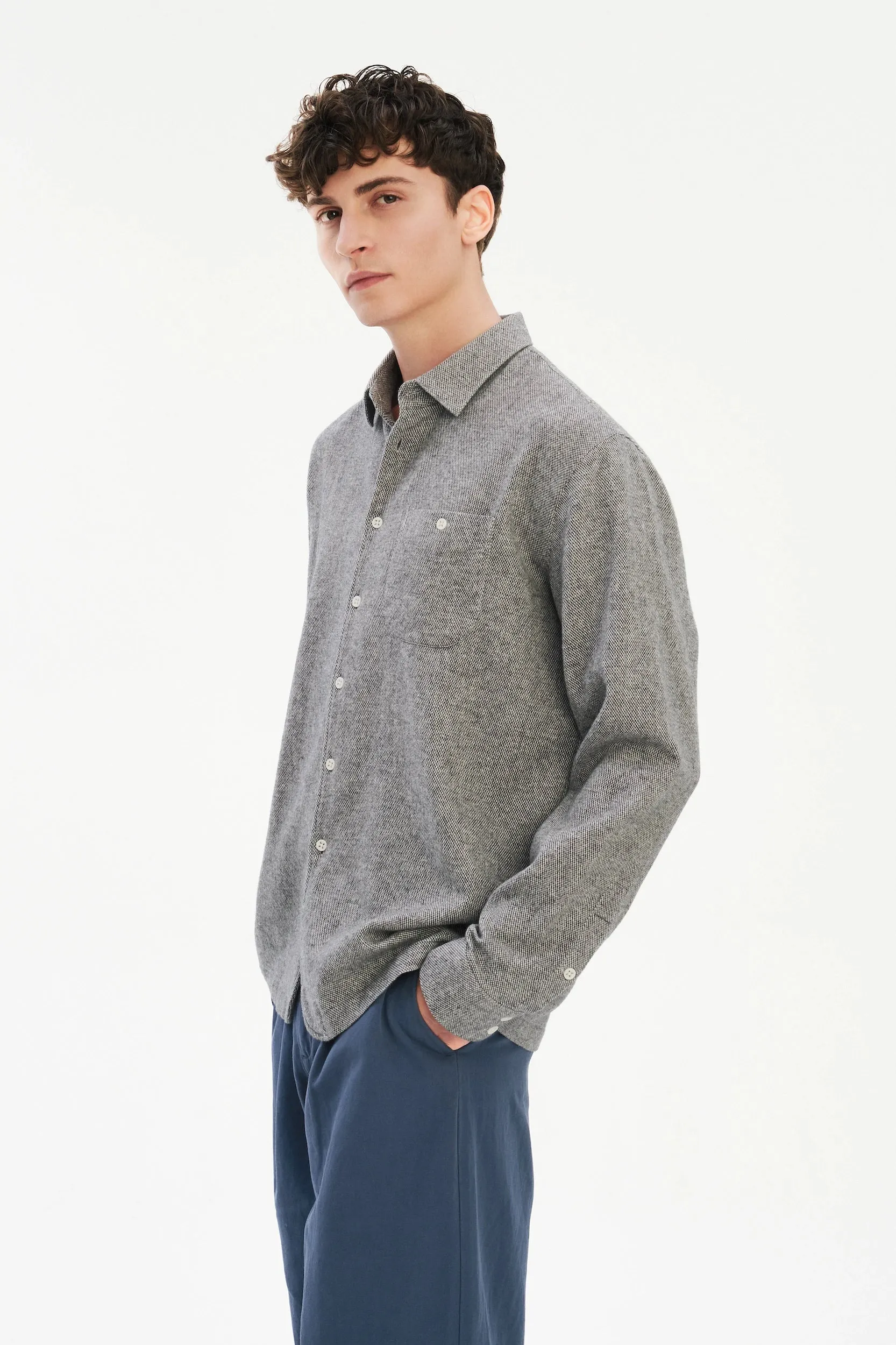 Strong Shirt in a Grey Recycled Structural Italian Cotton Flannel with Signature Hemp Buttons sold by Delikatessen product image thumbnail 3