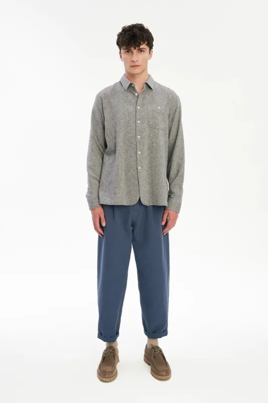 Strong Shirt in a Grey Recycled Structural Italian Cotton Flannel with Signature Hemp Buttons sold by Delikatessen